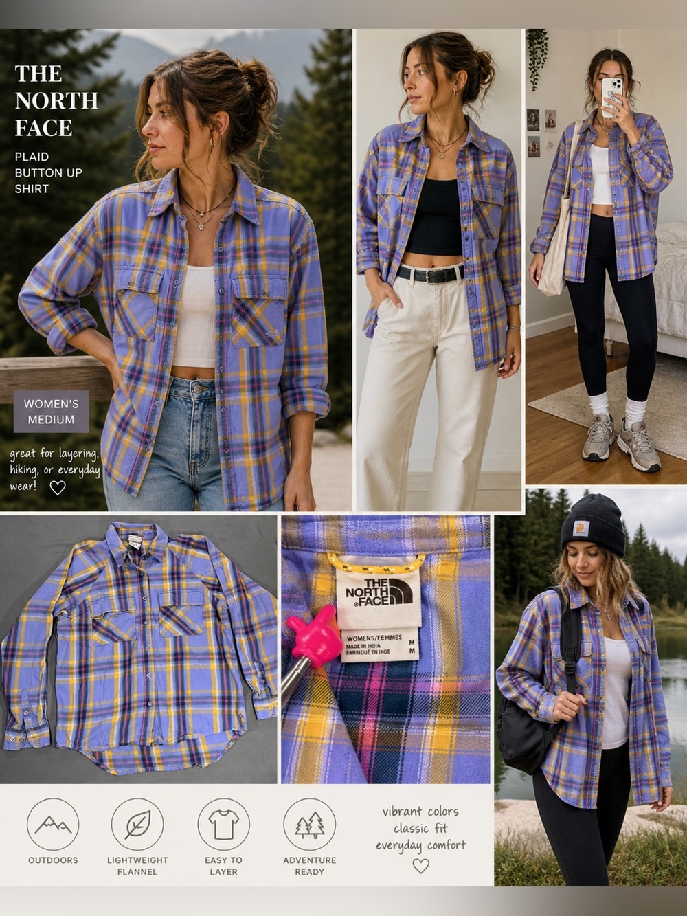 The North Face Purple & Yellow Plaid Shirt Outdoors Hiking Casual